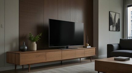 TV on cabinet in modern living room with lamp,table,flower and plant on wooden wall background.generative.ai