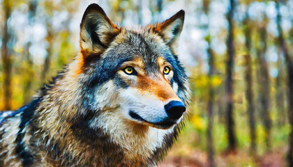 Obraz premium Vibrant wolf, expressive painting, wild and colorful. Energetic, nature-inspired art for decor, prints and creative expressions. On a dynamic canvas with a touch of untamed beauty.