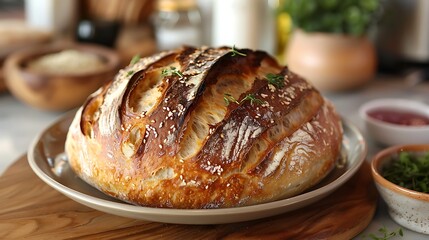 Explore the craggy terrain of a rustic sourdough boule, its hearty crust concealing a tender, tangy interior begging to be savored.