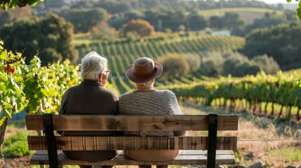 An elderly couple sitting on a wooden bench overlooking the vineyard with backs facing the camera enjoying a quiet moment together . .