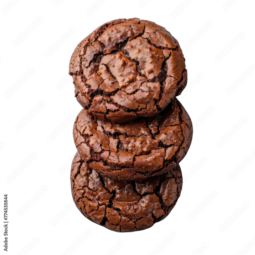 Poster three chocolate cookies stacked on top of each other on a transparent background