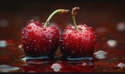 A macro shot capturing the exquisite detail of water droplets beaded on the surface of ripe cherries, with a soft light enhancing the fruit's deep red color.