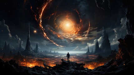 A lone figure stands on the alien terrain, gazing at a cataclysmic cosmic event unfolding in a...