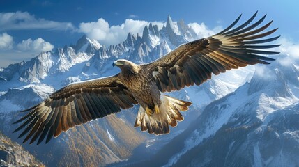 Against the majestic panorama of towering peaks, a majestic eagle takes flight, embodying the spirit of nature's grandeur and resilience.