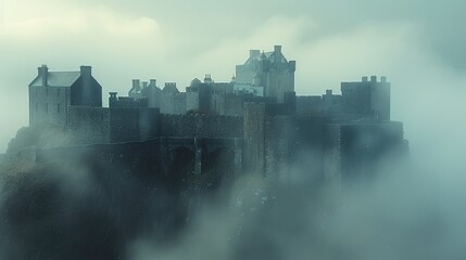 Mystical Castle Shrouded in Enigmatic Mist - obrazy, fototapety, plakaty