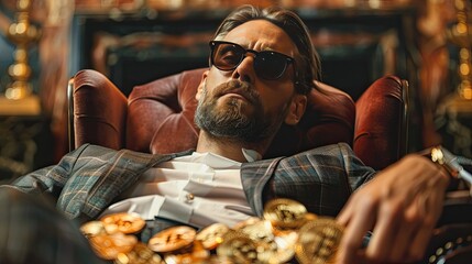 A stylish man wearing sunglasses is reclining on a luxurious leather chair. - obrazy, fototapety, plakaty