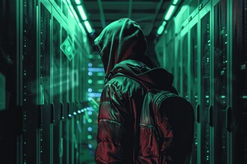 A person wearing a hooded jacket stands in front of rows of computer servers in a dimly lit room.