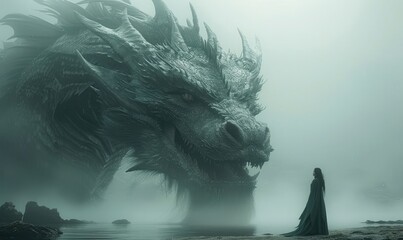 In a misty, ethereal landscape, a human stands face-to-face with a colossal dragon, depicting a moment of powerful mythical connection. - obrazy, fototapety, plakaty