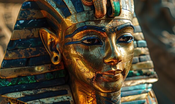 A close-up image of a vibrant ancient Egyptian pharaoh mask, showcasing intricate details and a patina that tells of its age and grandeur.