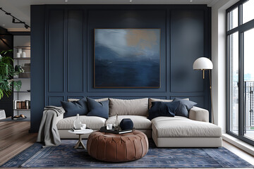 Fototapeta premium Stylish contemporary design of modern apartment living room in deep navy blue colors, lot of green house plants and concrete elements