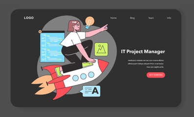 An IT Project Manager propels projects forward with vision and innovation, symbolized by a rocket, highlighting the dynamic nature of managing tech initiatives. - 774536441