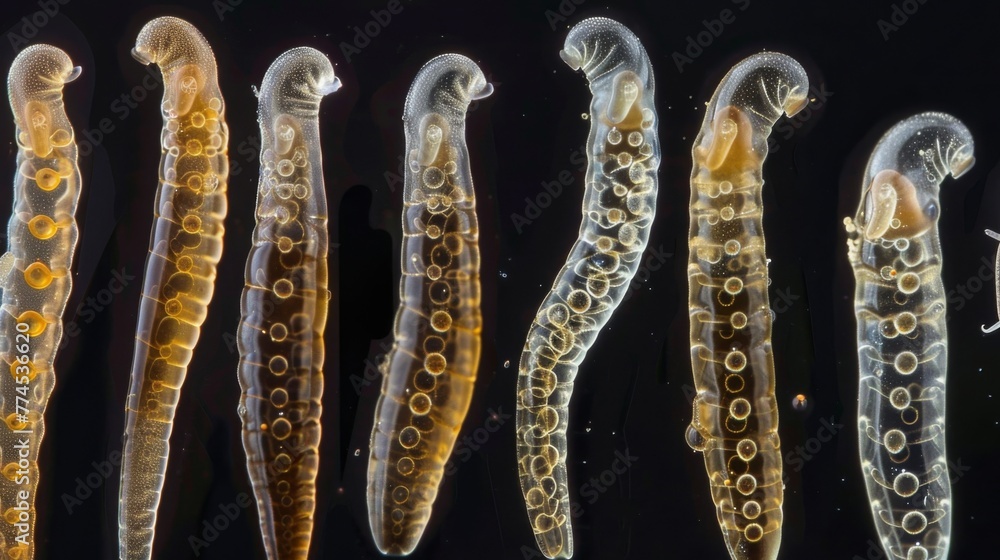 Poster a series of soil nematodes in different stages of development from hatchlings to adults. each nemato