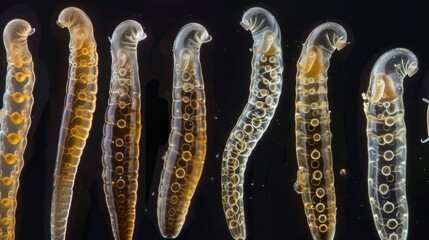 A series of soil nematodes in different stages of development from hatchlings to adults. Each nematode is shown in high resolution