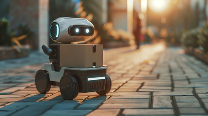 A robot is walking down a sidewalk carrying a box. The robot is white and has blue eyes