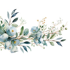 Eucalyptus flower illustration, Corner frame of watercolor Eucalyptus flower. Floristic design elements for floristics. Hand drawn illustration, isolated on white.