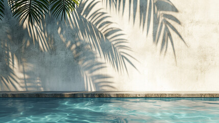 Fototapeta na wymiar Tropical summer background with concrete wall, pool water and palm leaf shadow. Generative Ai