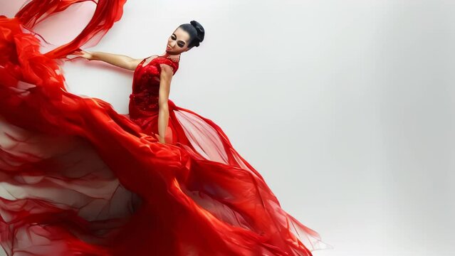 A passionate flamenco dancer wearing a fiery red dress performs a dynamic dance that blazes like flames. Her intense movements and expressions convey the soul she pours into dancing to the music. 