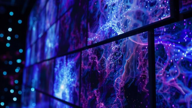 Against a backdrop of deep blues and purples the podium glows with an otherworldly energy. The LED panels display a mesmerizing simulation . .