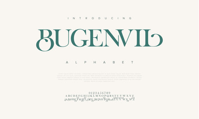 Fototapeta premium Bugenvil elegant Font Uppercase Lowercase and Number. Classic Lettering Minimal Fashion Designs. Typography modern serif fonts regular decorative vintage concept. vector illustration