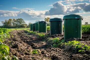 Scenic view of a row of five green compost bins on a lush farm field under a dramatic cloudy sky with a line of trees on the horizon