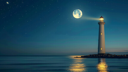 A majestic lighthouse standing tall against the dark moonlit sky its beam casting a tranquil glow over the serene seascape below. . .