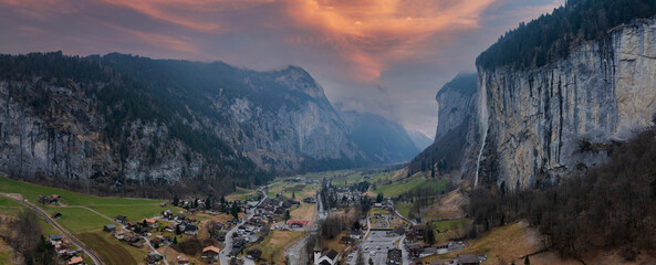 Beautiful aerial view of the Staubbach Falls in Switzerland. Magical panoramic aerial view. 