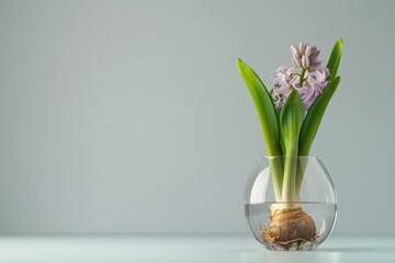 Single purple hyacinth flower in a circular glass vase with water on a light blue background. Elegant isolated floral arrangement.