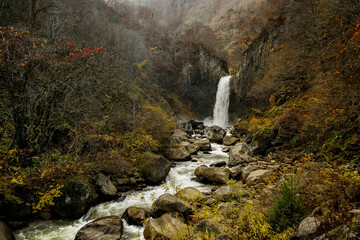 Niigata, Japan - November 7 2023 : Majestic Naena waterfall with beautiful settings in autumn at...