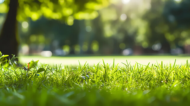 Close up green grass field with tree blur park background,Spring and summer