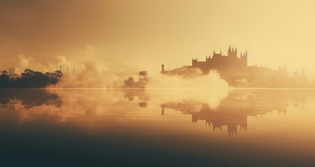 fog rolling in front of a castle next to the water - Powered by Adobe