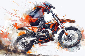 A orange watercolor painting of motocross rider on motorcycle