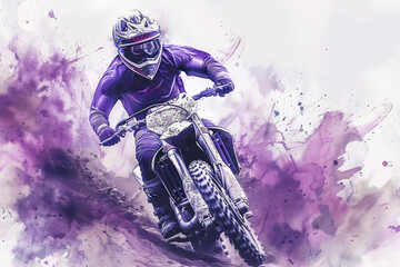 A purple watercolor painting of motocross rider on motorcycle