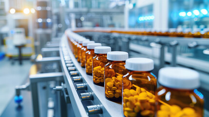 A conveyor belt is filled with bottles of pills