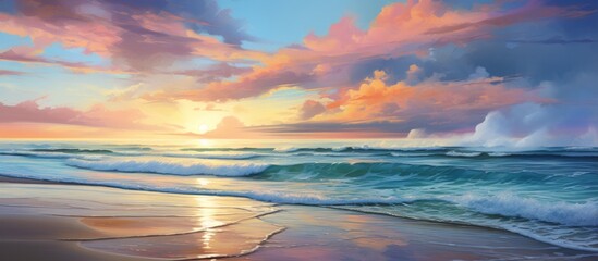Obraz premium Sunset painting capturing the tranquil beauty of the ocean as waves gently roll in under the colorful sky
