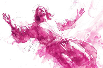 Pink watercolor of Jesus Christ ascending to heaven with glowing light