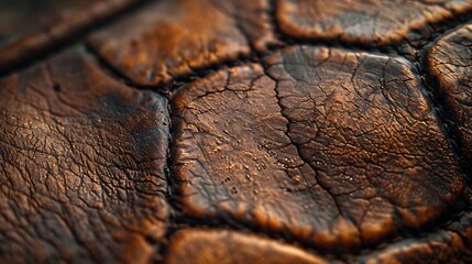 Explore the rich texture of a weathered leather, its worn surface bearing the marks of time with dignity. The rugged beauty of its grain invites closer inspection. - obrazy, fototapety, plakaty