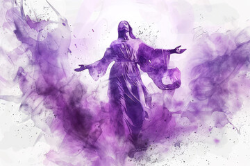 Purple watercolor of Jesus Christ ascending to heaven with glowing light - obrazy, fototapety, plakaty