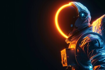 Neon astronaut in space suit with glowing lights isolated on black background, Generative AI