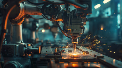 A machine is cutting metal with sparks flying. Concept of industrial activity and the power of technology