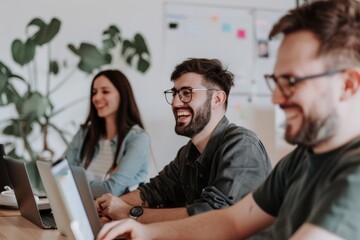 team of data analysts smiling and working with laptops in the office by day time, Generative AI