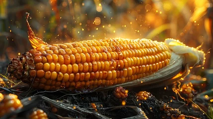 Fotobehang Explore the rugged terrain of a perfectly charred ear of corn, its golden kernels glistening with a buttery sheen that speaks of summer days gone by. © Muhammad