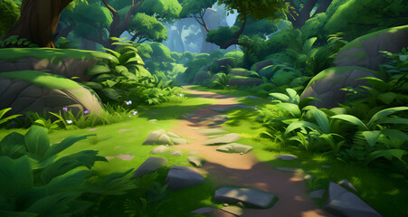 the forest with various plants and rocks in a path - Powered by Adobe