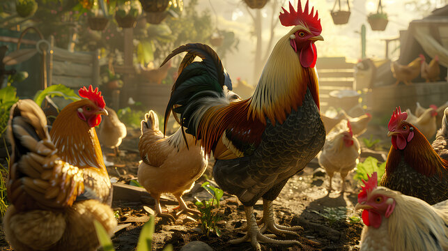 A majestic rooster stands prominently among a flock of chickens in a sunlit farmyard setting.	
