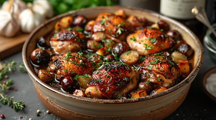 Explore the rustic charm of a bubbling pot of coq au vin, its rich, wine-infused sauce clinging to tender morsels of chicken in a tantalizing embrace. - obrazy, fototapety, plakaty
