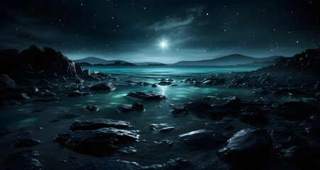 the ocean is full of rocks and there is a large moon rising above the mountains