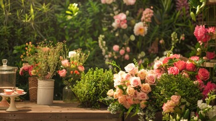 Fototapeta na wymiar Sip tea and bask in the beauty of our English garden podiums featuring lush hedges and blooming flowers in a variety of hues. The . .