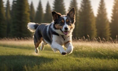 A dog running in a field with a blurry background of trees