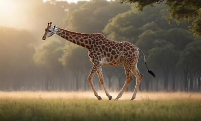 A giraffe running in a field with a blurry background of trees