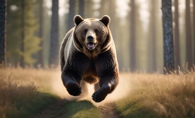 A bear running in a field with a blurry background of trees