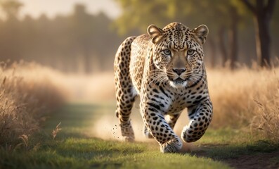 A leopard running in a field with a blurry background of trees - obrazy, fototapety, plakaty